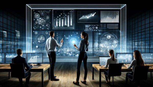 DALL·E-2024-05-10-09.56.19-A-modern-office-with-a-semi-dark-futuristic-ambiance-featuring-two-professionals-a-man-and-a-woman-analyzing-data-on-digital-screens.-One-person-is